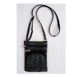 Genuine Leather Black Crossbody Bag Multi-Pocket Travel Organizer Mini Purse